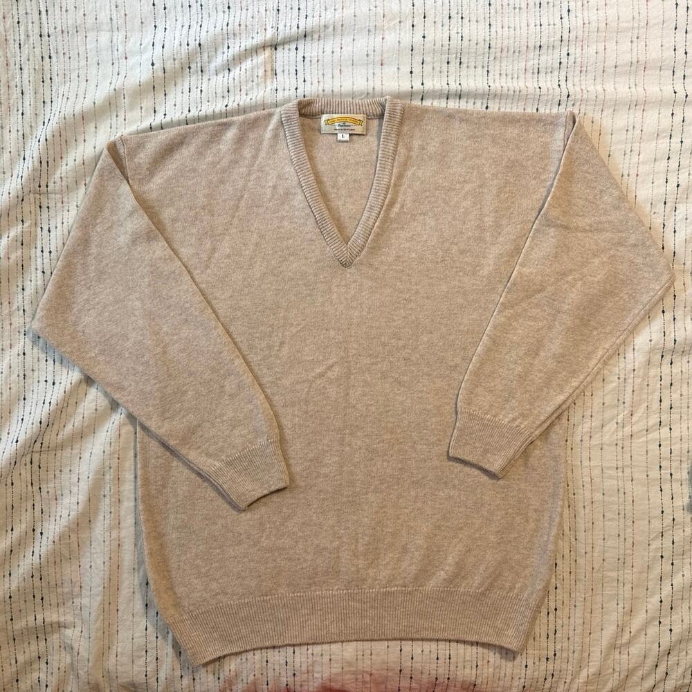 James Pringle Weavers Cream Beige 100% Lambs Wool Long Sleeve Sweater V Neck L